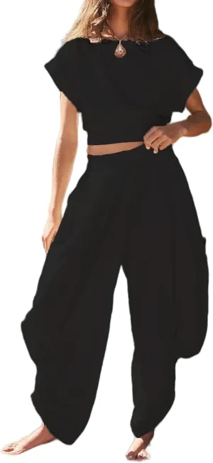 Perbai Womens 2 Piece Summer Matching Sets Short Sleeve Tie Back Crop Top High Waisted Harem Pants Tracksuit