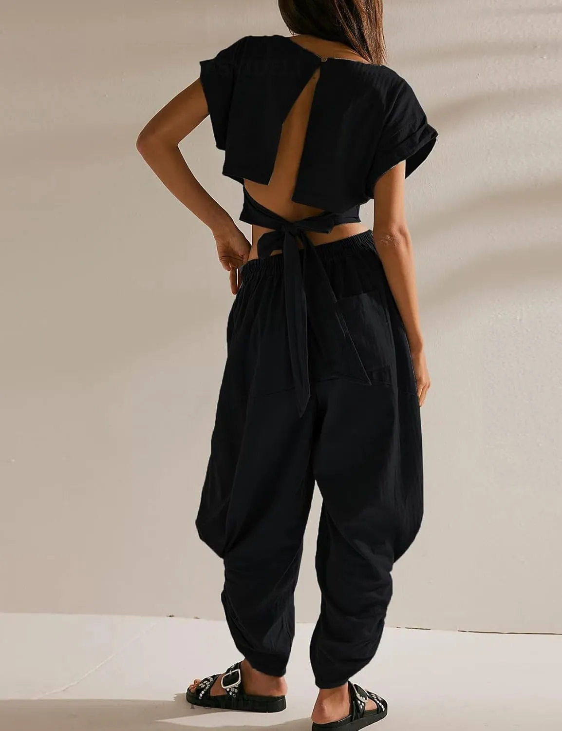 Perbai Womens 2 Piece Summer Matching Sets Short Sleeve Tie Back Crop Top High Waisted Harem Pants Tracksuit