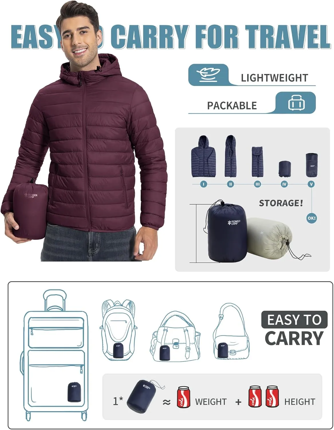 Pioneer Camp Mens Lightweight Packable Puffer Jacket Hooded Insulated Thermal Puffy Winter Jackets for Running Travel