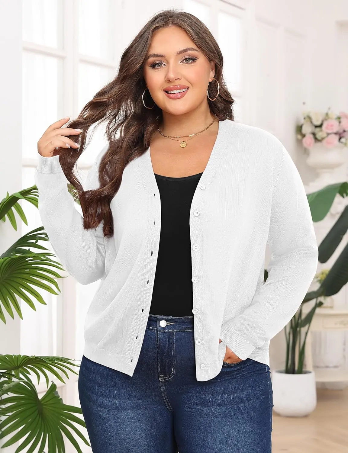 Plus Size Cardigan Sweaters for Women Knit Long Sleeve V Neck Button Casual Fall Tops Outfits