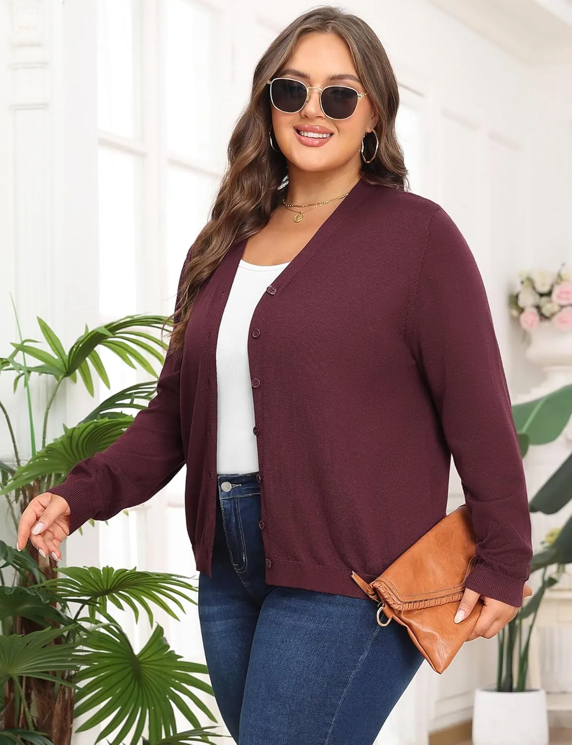 Plus Size Cardigan Sweaters for Women Knit Long Sleeve V Neck Button Casual Fall Tops Outfits