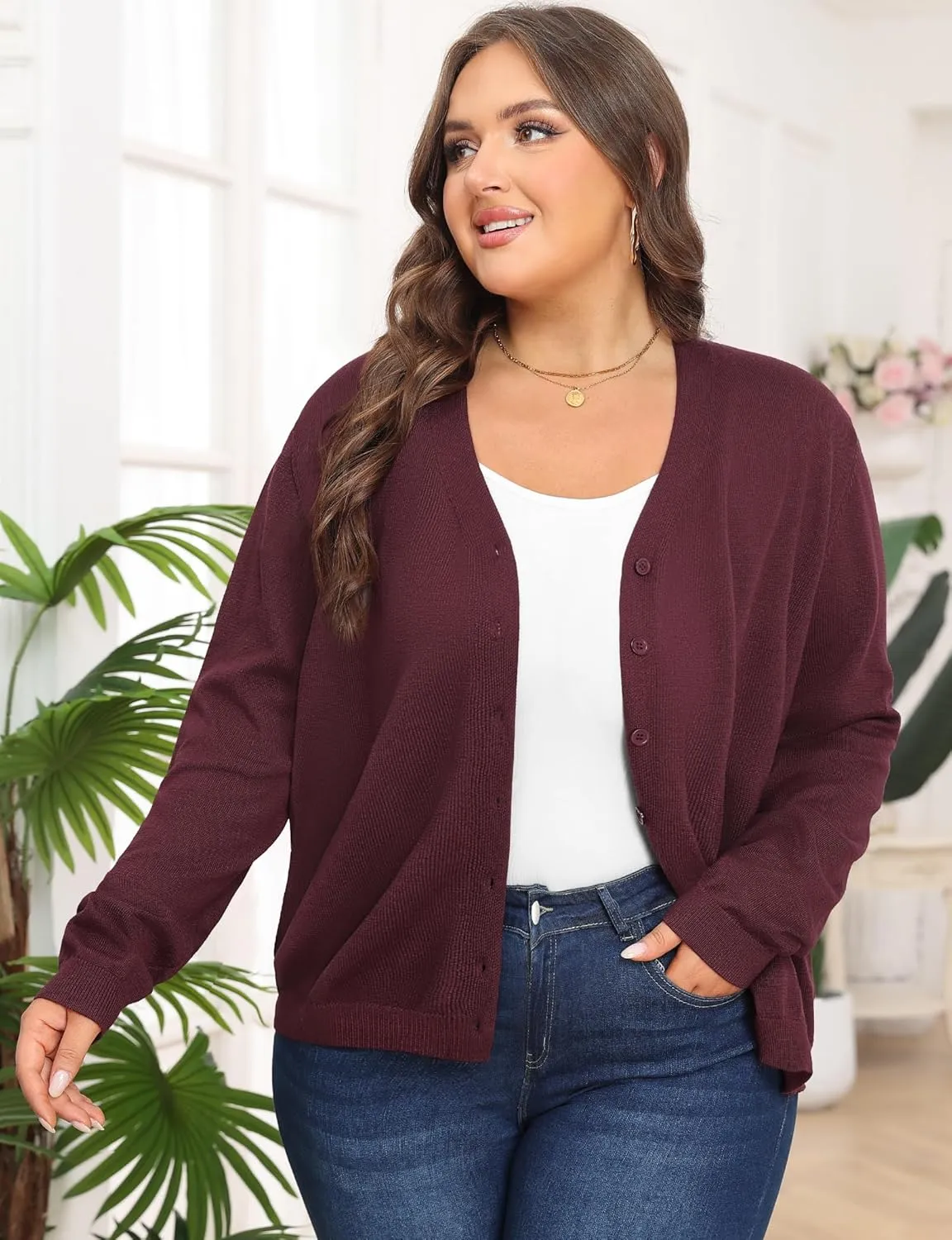 Plus Size Cardigan Sweaters for Women Knit Long Sleeve V Neck Button Casual Fall Tops Outfits