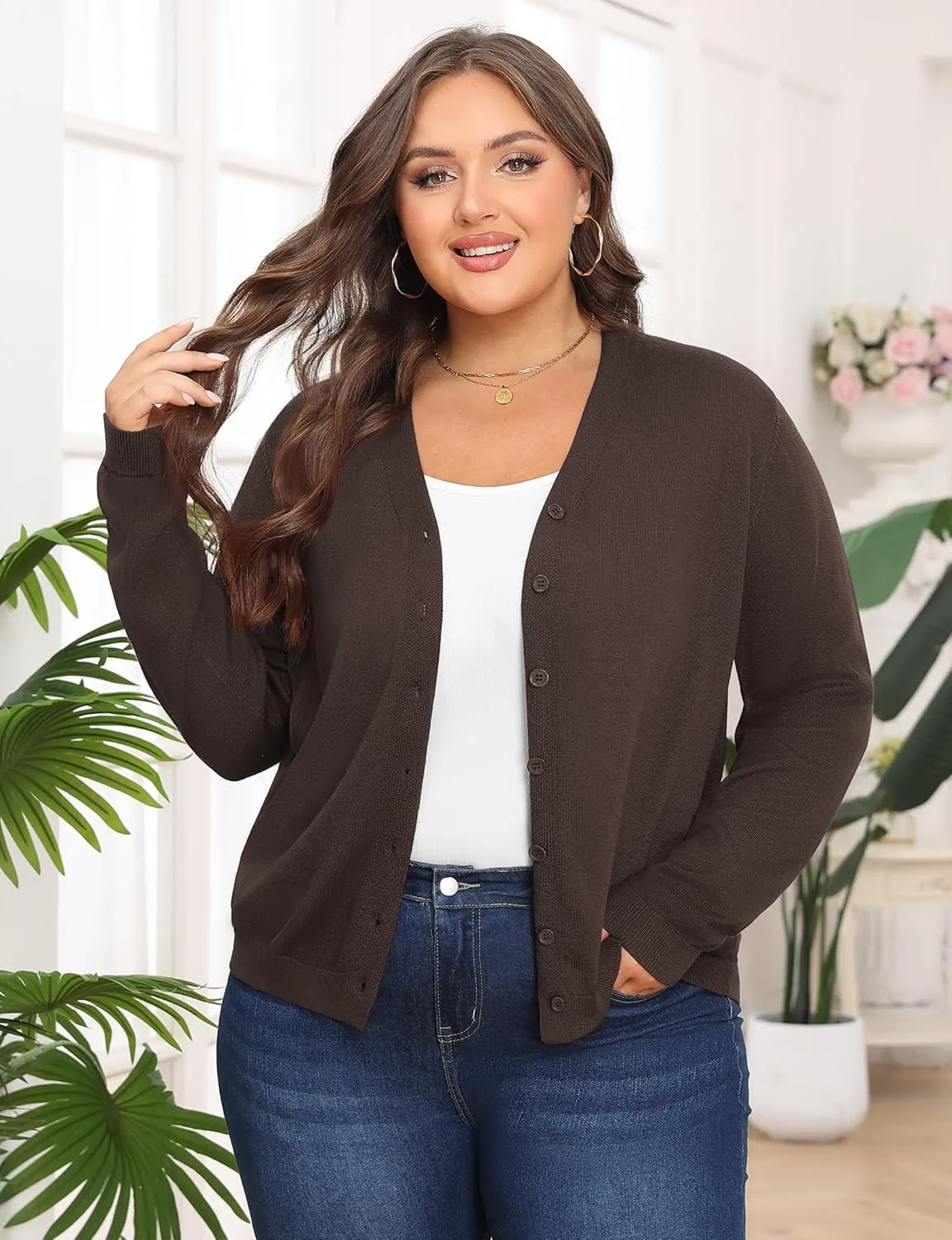 Plus Size Cardigan Sweaters for Women Knit Long Sleeve V Neck Button Casual Fall Tops Outfits