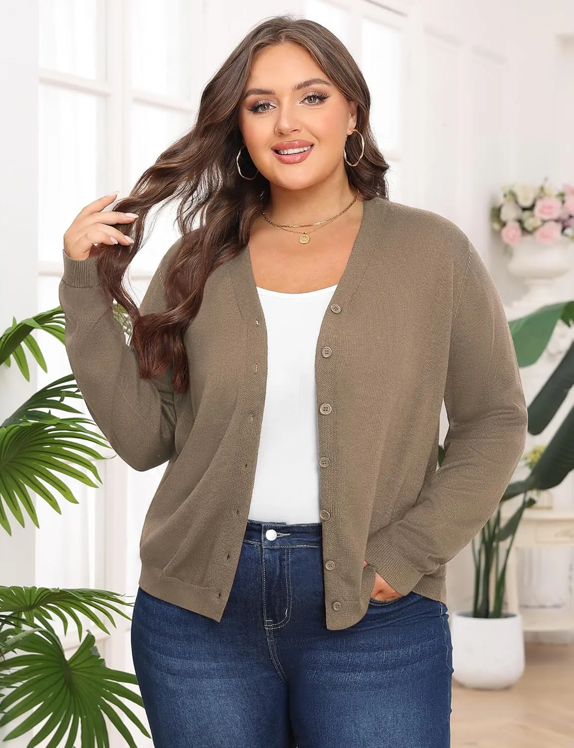 Plus Size Cardigan Sweaters for Women Knit Long Sleeve V Neck Button Casual Fall Tops Outfits