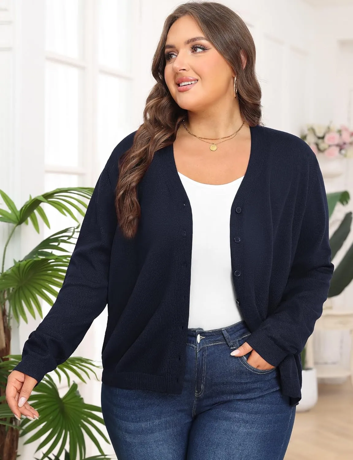 Plus Size Cardigan Sweaters for Women Knit Long Sleeve V Neck Button Casual Fall Tops Outfits