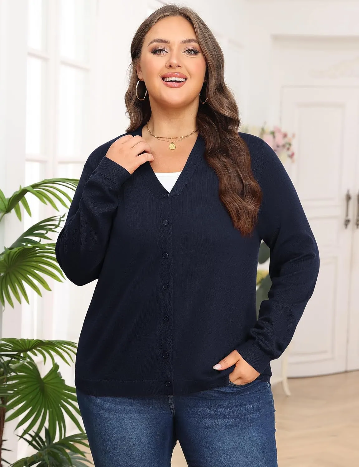 Plus Size Cardigan Sweaters for Women Knit Long Sleeve V Neck Button Casual Fall Tops Outfits