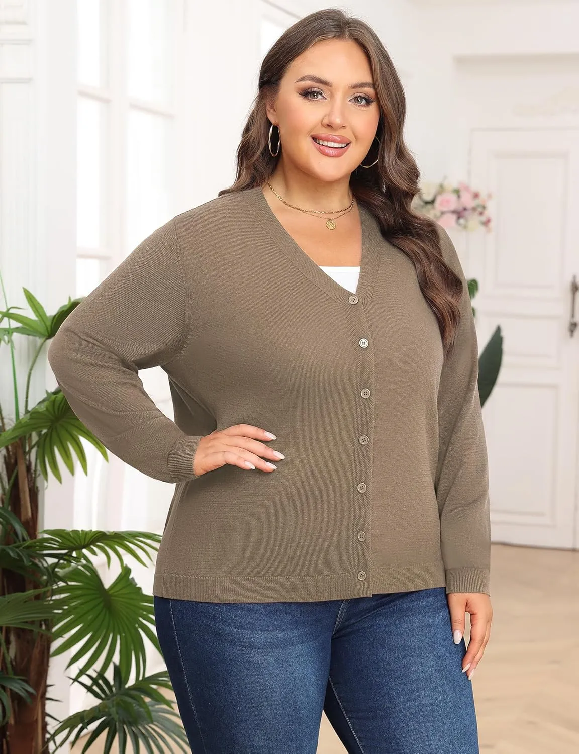 Plus Size Cardigan Sweaters for Women Knit Long Sleeve V Neck Button Casual Fall Tops Outfits