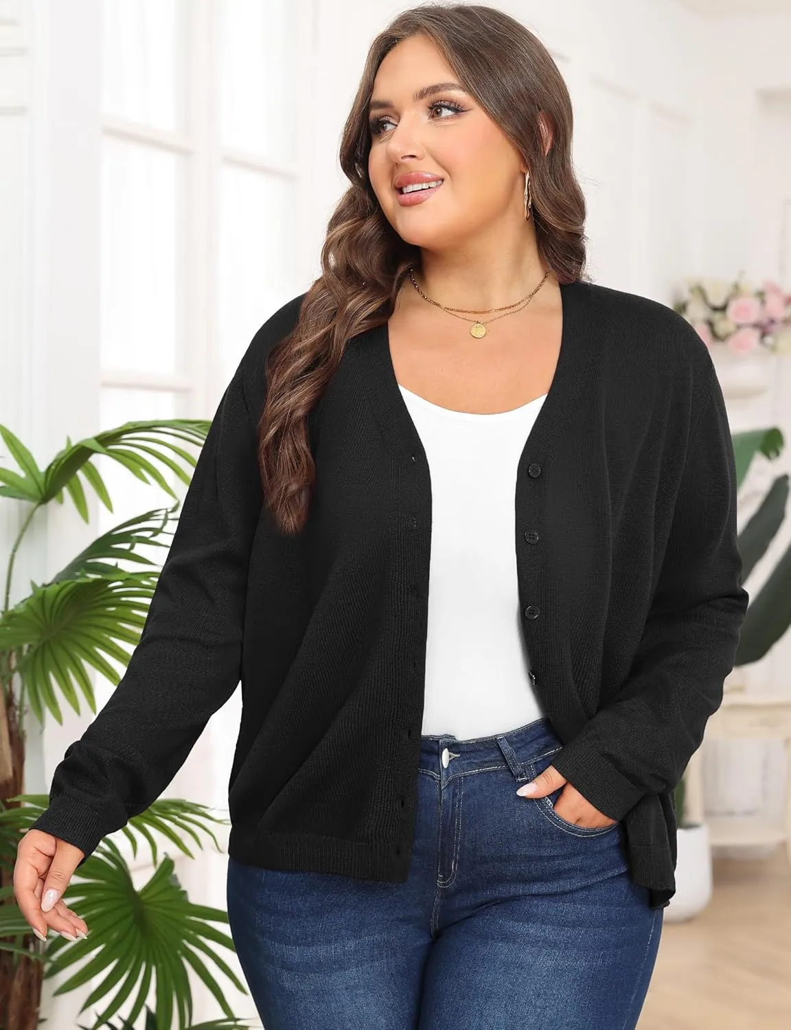 Plus Size Cardigan Sweaters for Women Knit Long Sleeve V Neck Button Casual Fall Tops Outfits