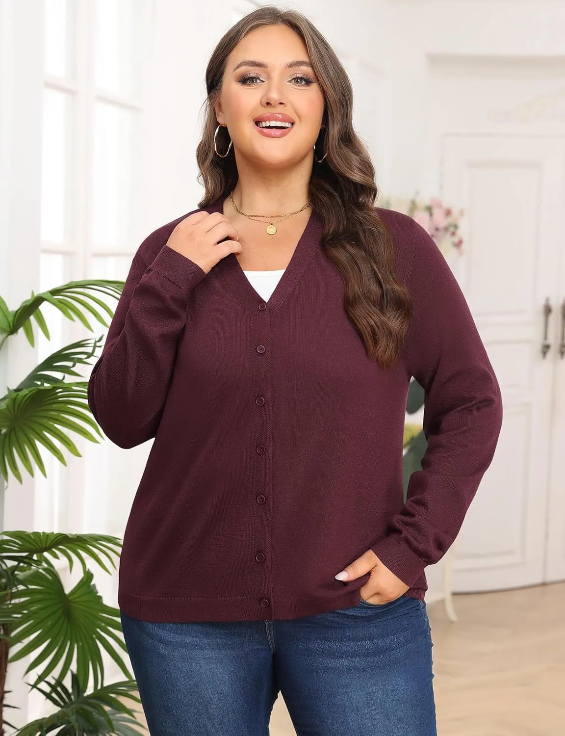 Plus Size Cardigan Sweaters for Women Knit Long Sleeve V Neck Button Casual Fall Tops Outfits