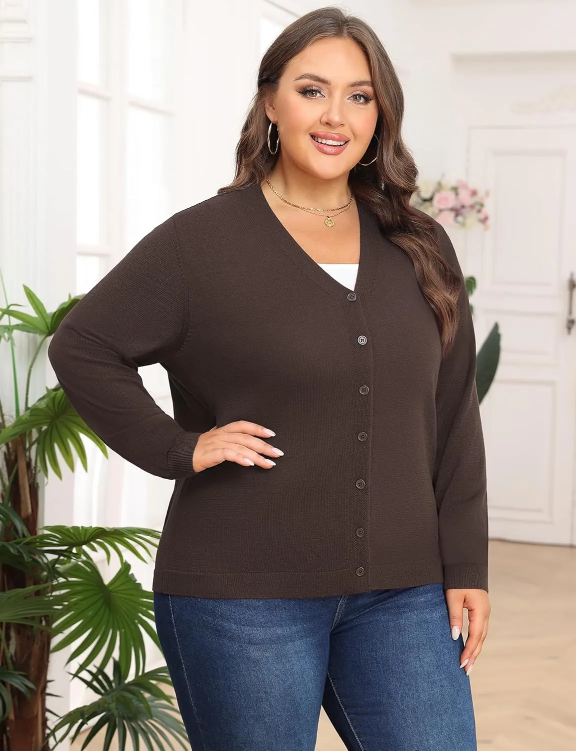 Plus Size Cardigan Sweaters for Women Knit Long Sleeve V Neck Button Casual Fall Tops Outfits