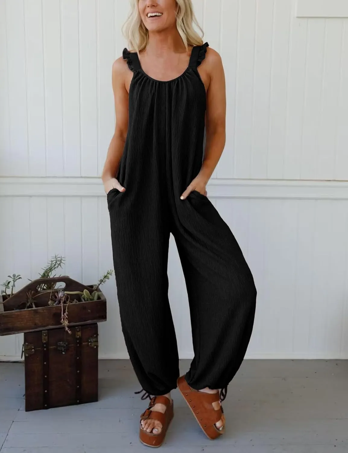 Plus Size Womens Loose Jumpsuit with Pockets, Ruffle Strap Wide Leg Overalls Romper