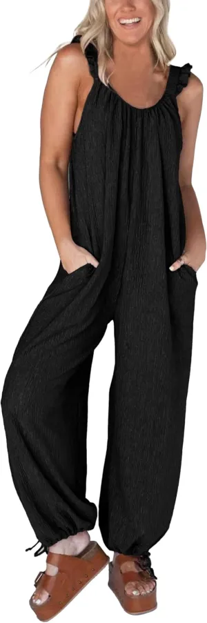 Plus Size Womens Loose Jumpsuit with Pockets, Ruffle Strap Wide Leg Overalls Romper