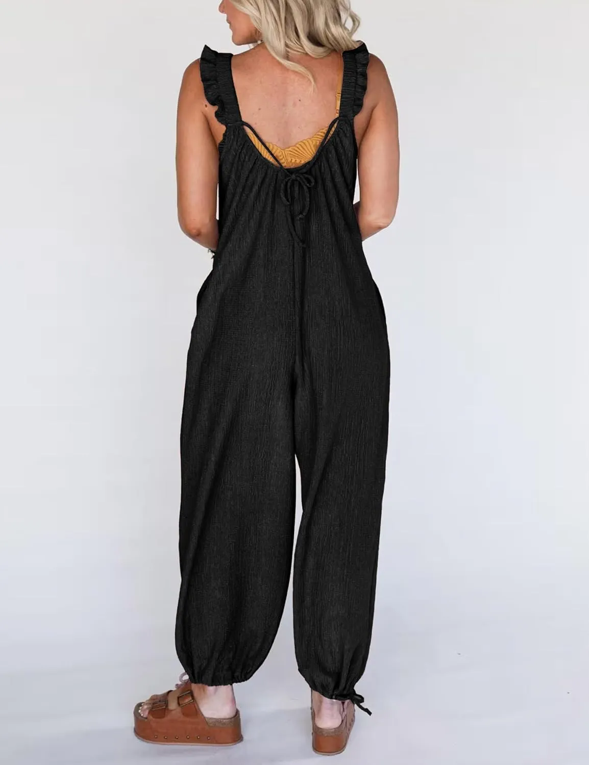 Plus Size Womens Loose Jumpsuit with Pockets, Ruffle Strap Wide Leg Overalls Romper