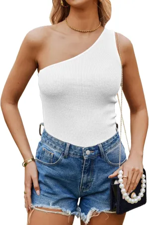 Poetsky Womens One Shoulder Tank Tops Summer Sleeveless Ribbed Knit Shirts Slim Fitted Tee Blouses