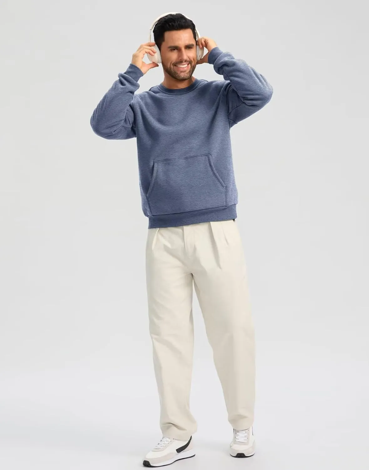 Pudolla Men's Sherpa Lined Sweatshirts Warm Soft Crewneck Sweatshirts Heavyweight Winter Pullover Kangaroo with Pouch Pocket