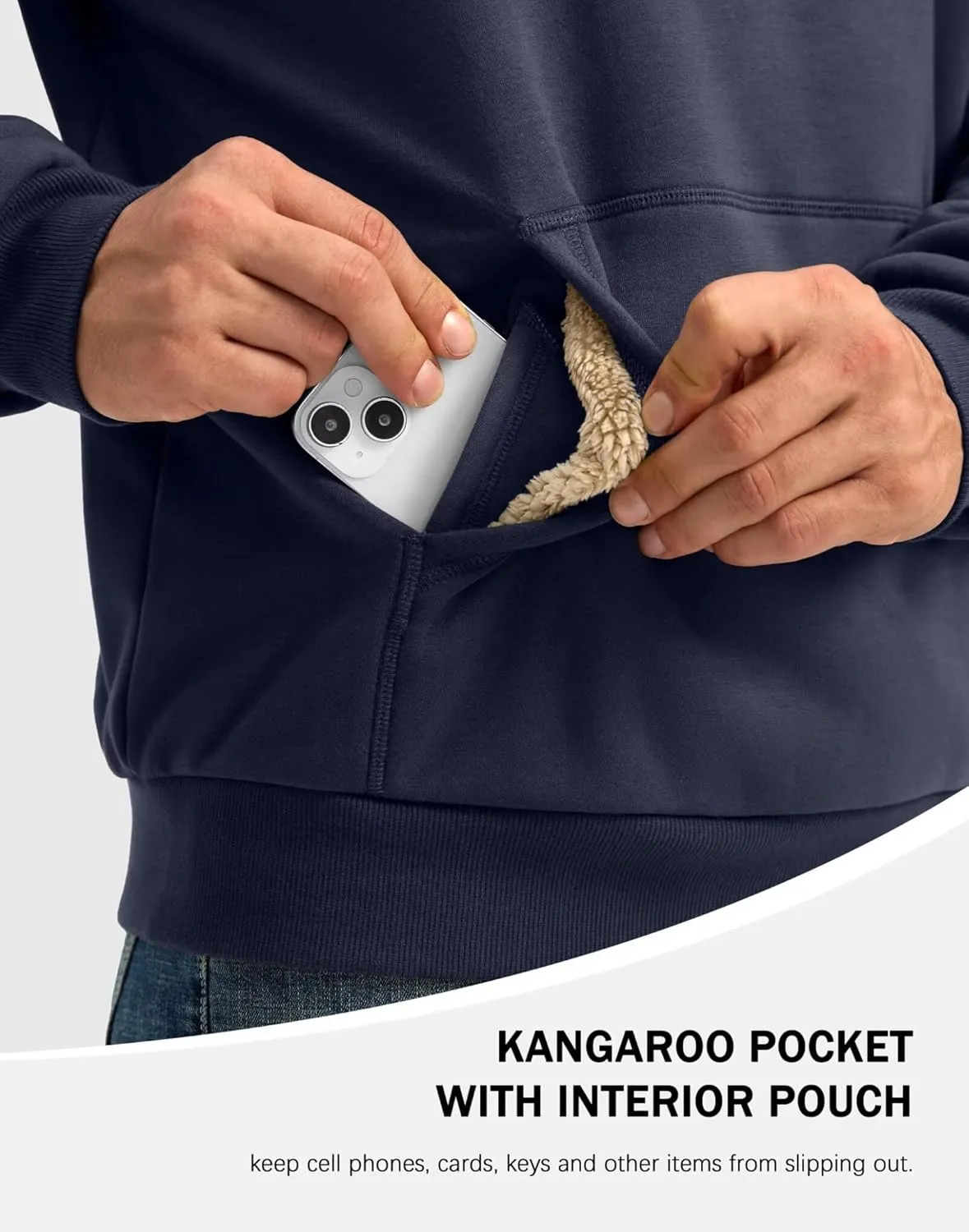 Pudolla Men's Sherpa Lined Sweatshirts Warm Soft Crewneck Sweatshirts Heavyweight Winter Pullover Kangaroo with Pouch Pocket
