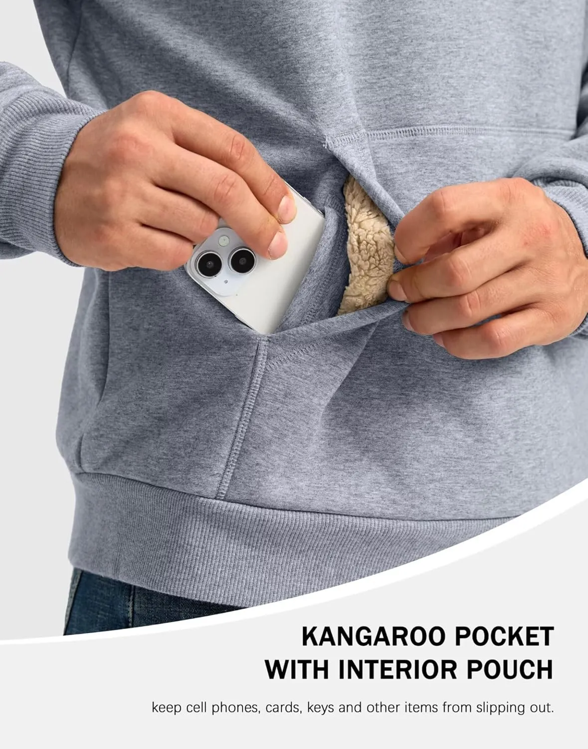 Pudolla Men's Sherpa Lined Sweatshirts Warm Soft Crewneck Sweatshirts Heavyweight Winter Pullover Kangaroo with Pouch Pocket