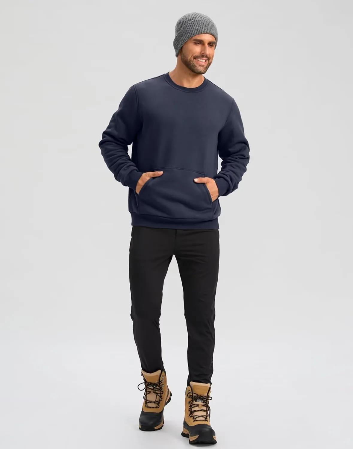 Pudolla Men's Sherpa Lined Sweatshirts Warm Soft Crewneck Sweatshirts Heavyweight Winter Pullover Kangaroo with Pouch Pocket