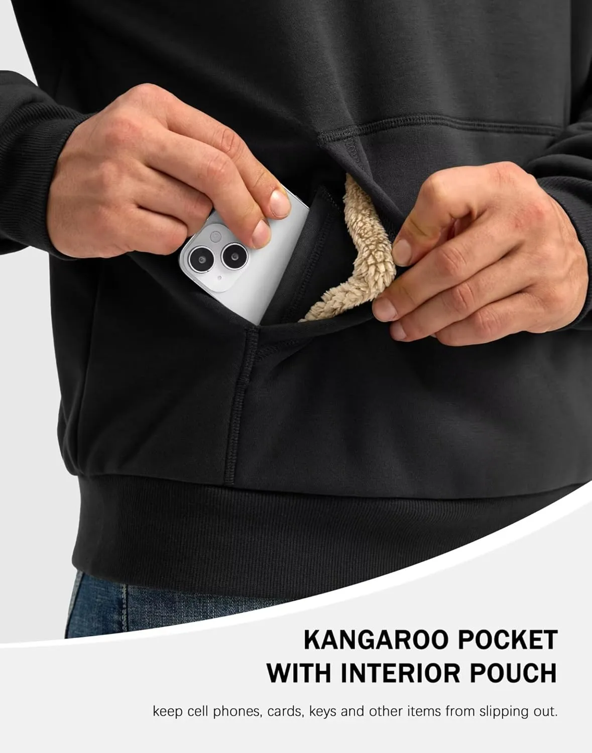 Pudolla Men's Sherpa Lined Sweatshirts Warm Soft Crewneck Sweatshirts Heavyweight Winter Pullover Kangaroo with Pouch Pocket