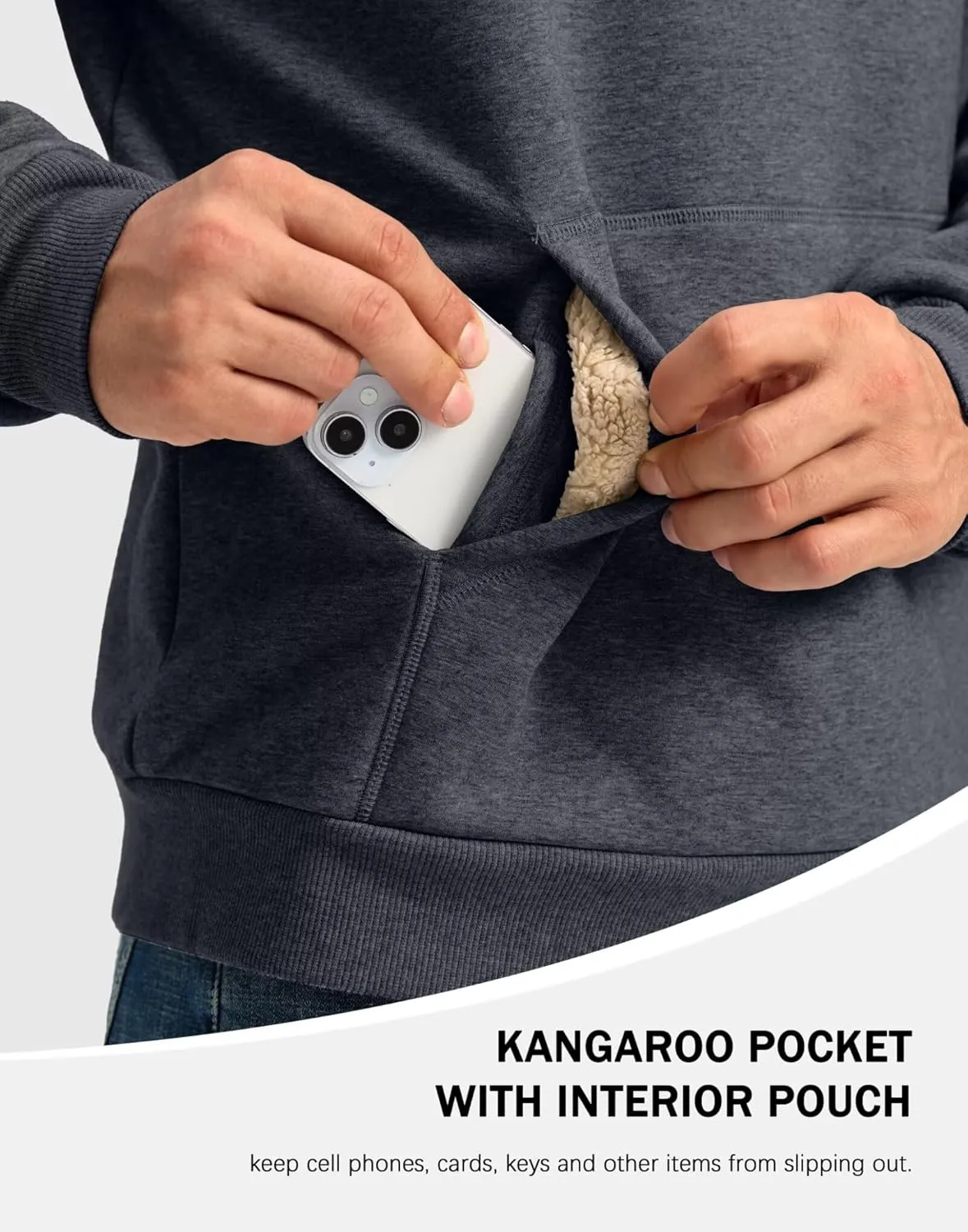 Pudolla Men's Sherpa Lined Sweatshirts Warm Soft Crewneck Sweatshirts Heavyweight Winter Pullover Kangaroo with Pouch Pocket