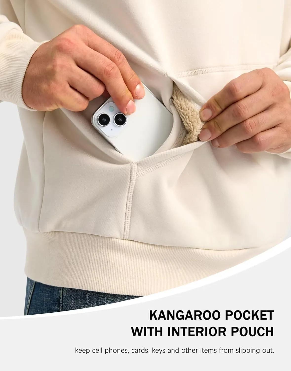 Pudolla Men's Sherpa Lined Sweatshirts Warm Soft Crewneck Sweatshirts Heavyweight Winter Pullover Kangaroo with Pouch Pocket