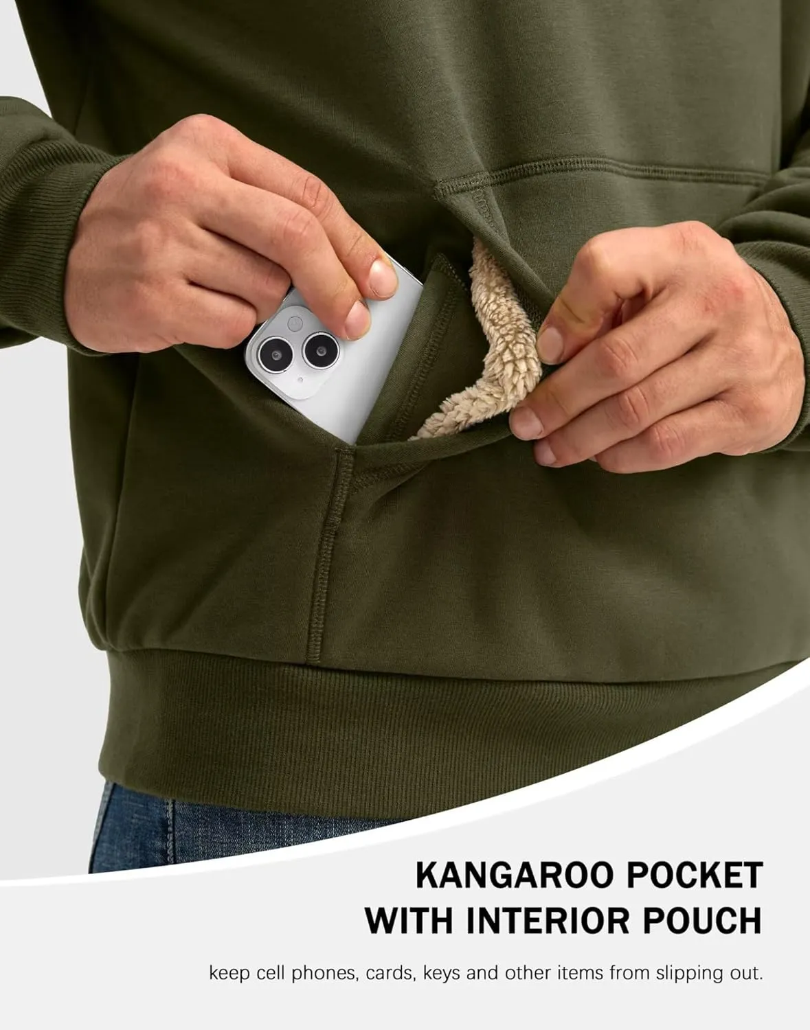 Pudolla Men's Sherpa Lined Sweatshirts Warm Soft Crewneck Sweatshirts Heavyweight Winter Pullover Kangaroo with Pouch Pocket