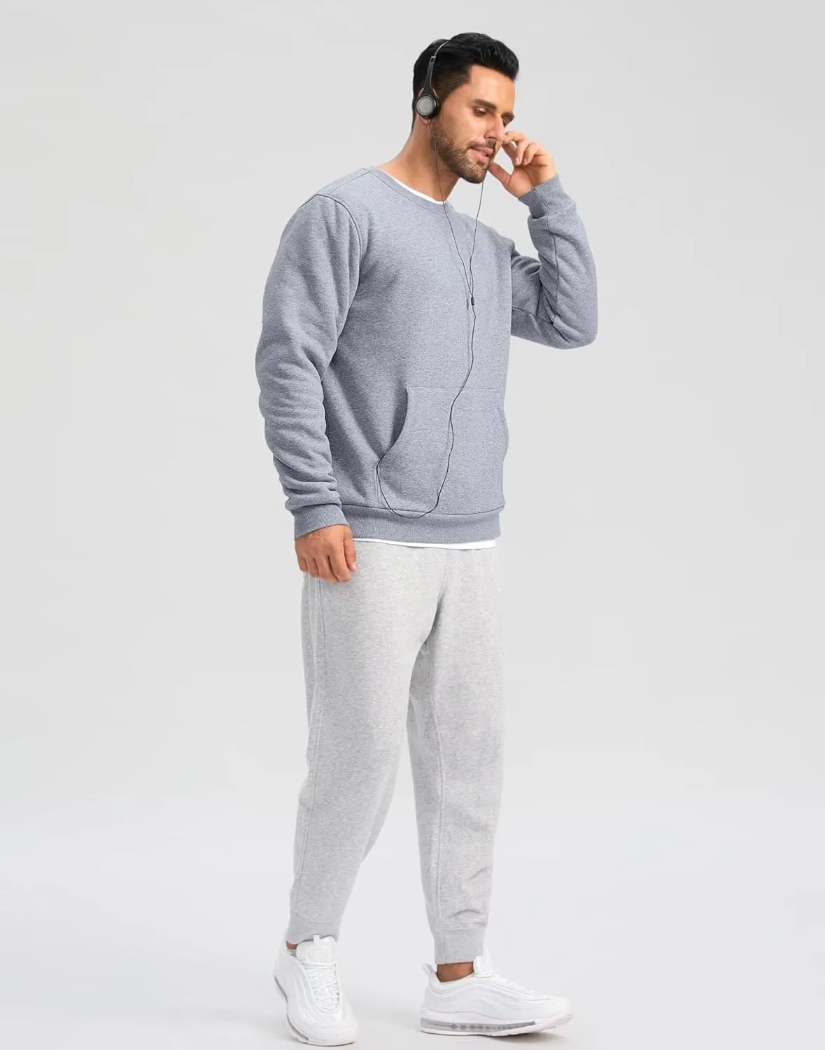 Pudolla Men's Sherpa Lined Sweatshirts Warm Soft Crewneck Sweatshirts Heavyweight Winter Pullover Kangaroo with Pouch Pocket