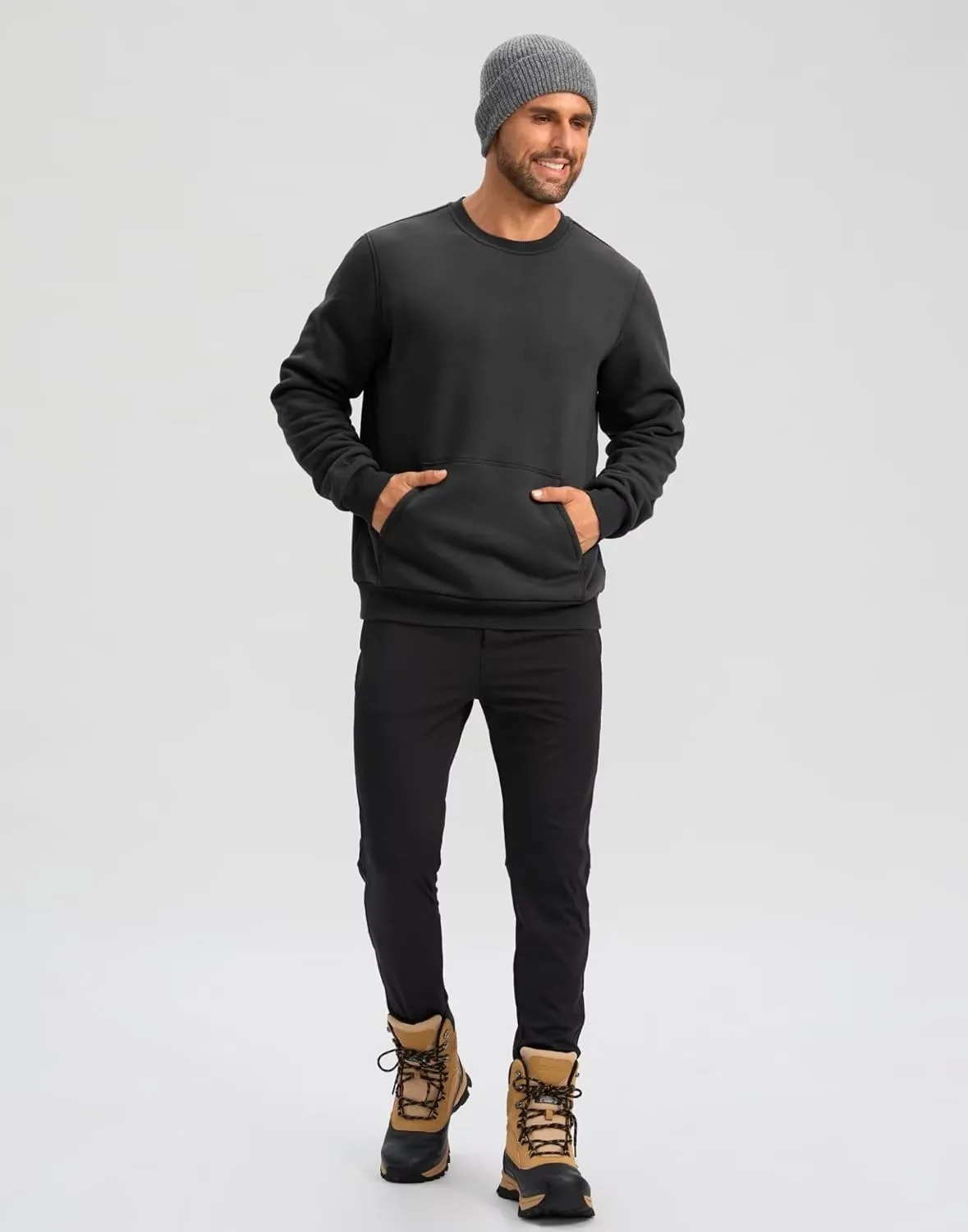 Pudolla Men's Sherpa Lined Sweatshirts Warm Soft Crewneck Sweatshirts Heavyweight Winter Pullover Kangaroo with Pouch Pocket