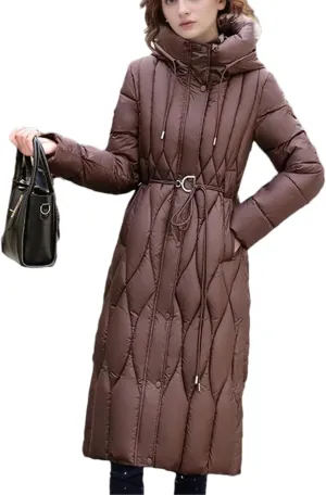 Pulcykp Women Winter Long Down Jacket Hooded Slim Coat Thick Cotton-Padded Jackets With Belt
