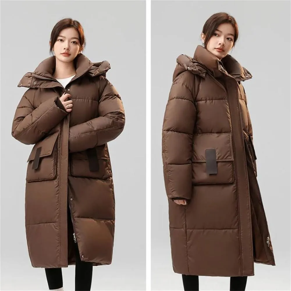 Pulcykp Womenloose Down Cotton-Padded Jacket Winter Casual Long Thickened Coat Over-Knee Hat Warm Coats