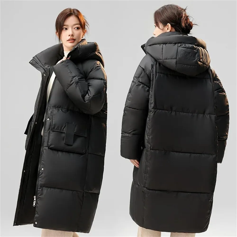 Pulcykp Womenloose Down Cotton-Padded Jacket Winter Casual Long Thickened Coat Over-Knee Hat Warm Coats
