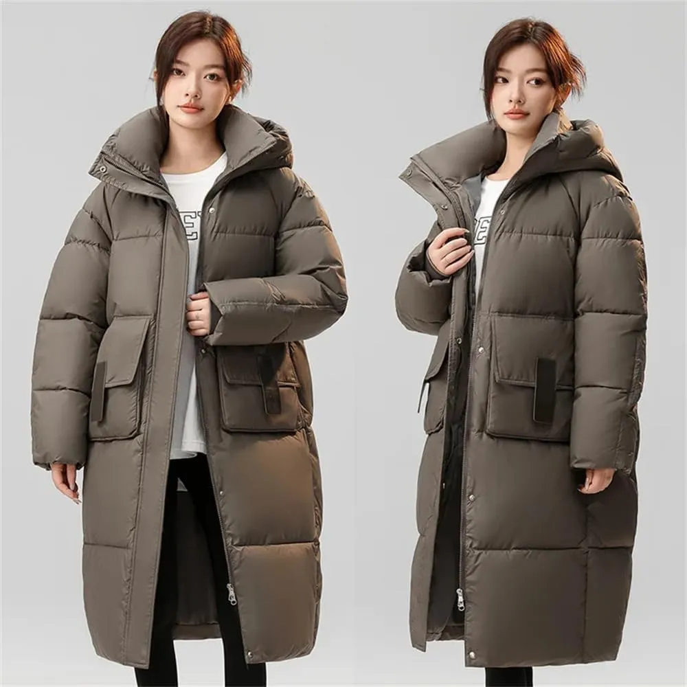 Pulcykp Womenloose Down Cotton-Padded Jacket Winter Casual Long Thickened Coat Over-Knee Hat Warm Coats