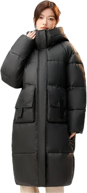 Pulcykp Womenloose Down Cotton-Padded Jacket Winter Casual Long Thickened Coat Over-Knee Hat Warm Coats