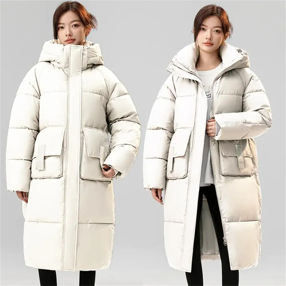 Pulcykp Womenloose Down Cotton-Padded Jacket Winter Casual Long Thickened Coat Over-Knee Hat Warm Coats
