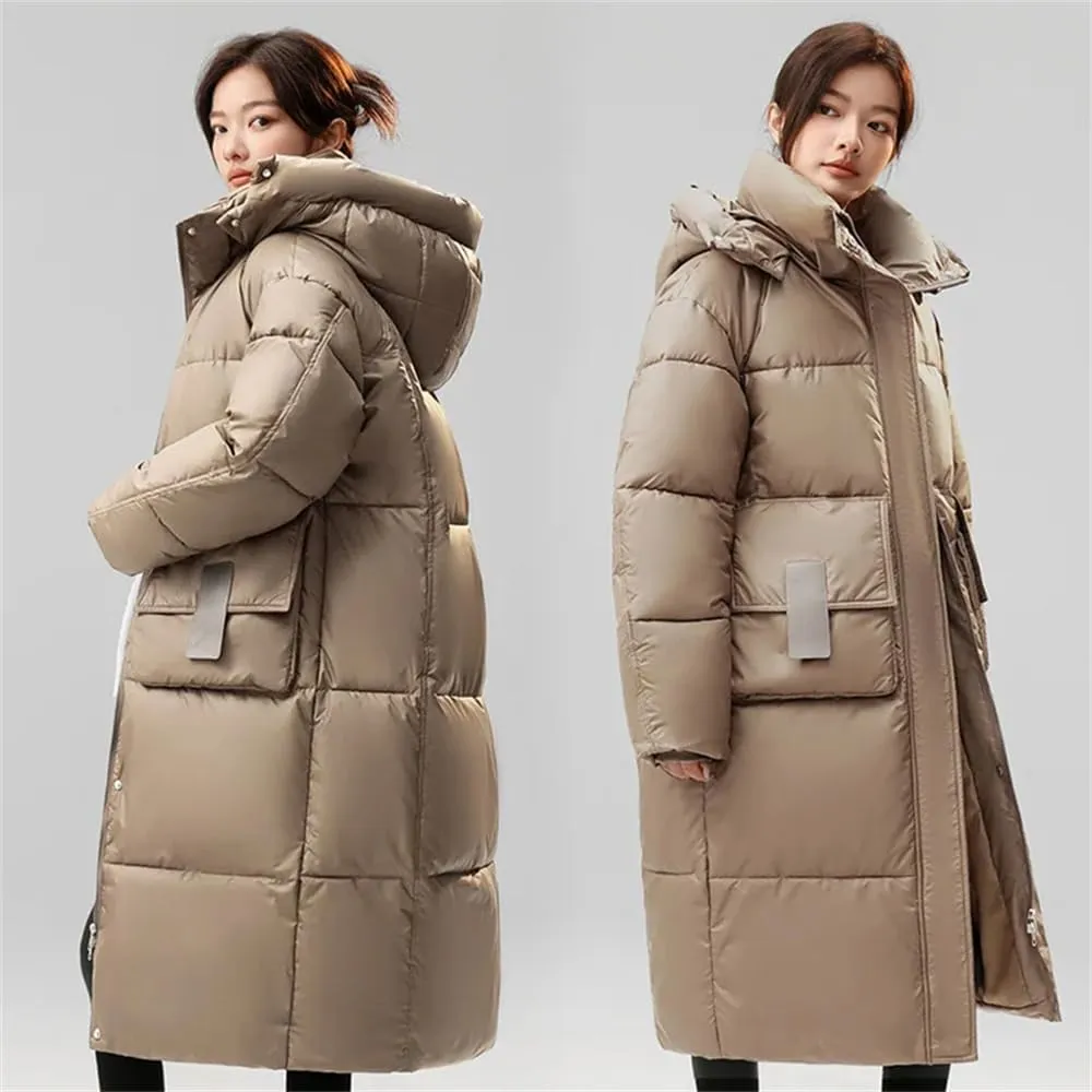 Pulcykp Womenloose Down Cotton-Padded Jacket Winter Casual Long Thickened Coat Over-Knee Hat Warm Coats
