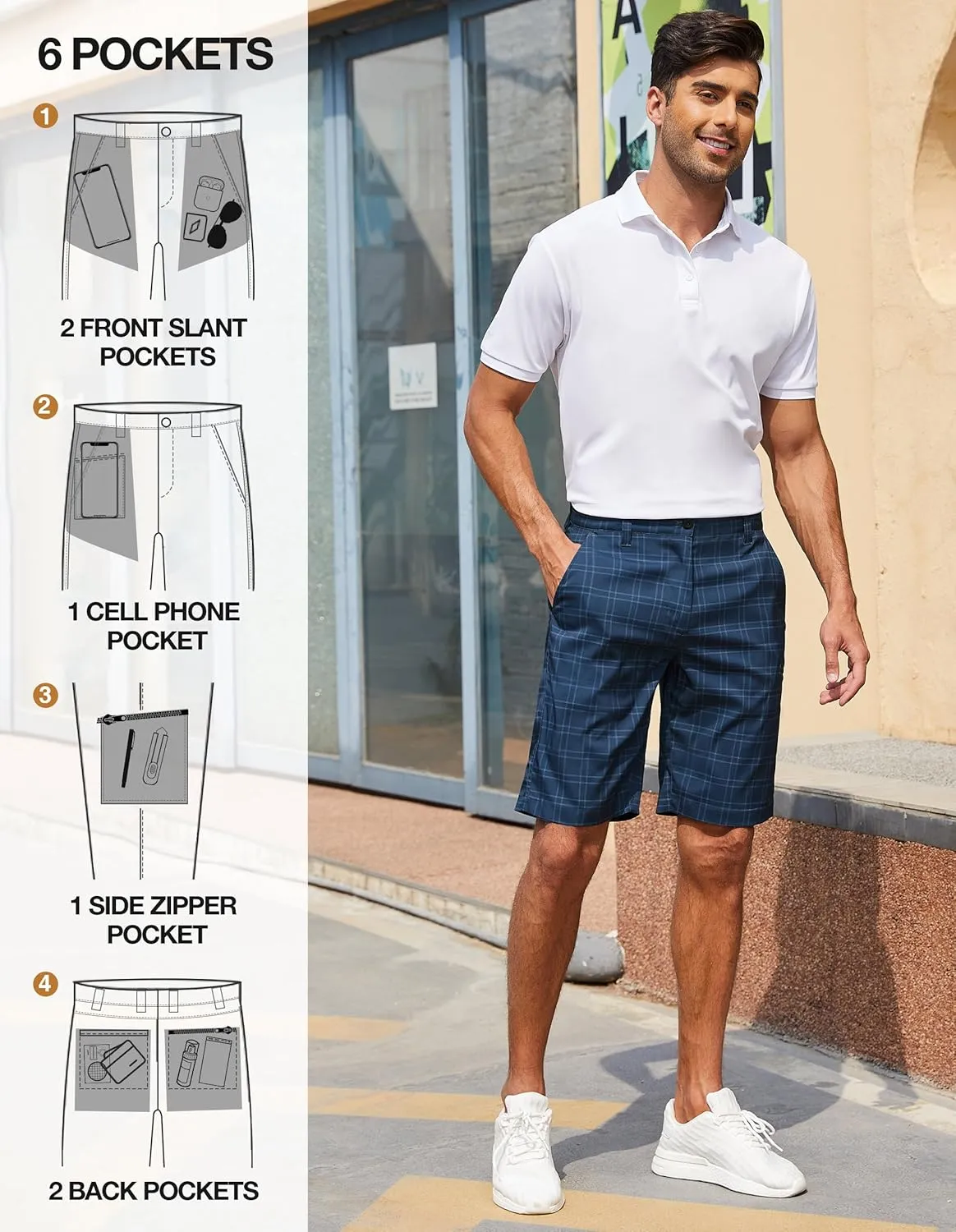 PULI Men's Golf Hybrid Dress Shorts Casual Summer Stretch Flat Front Lightweight Hiking Shorts Quick Dry with Pockets