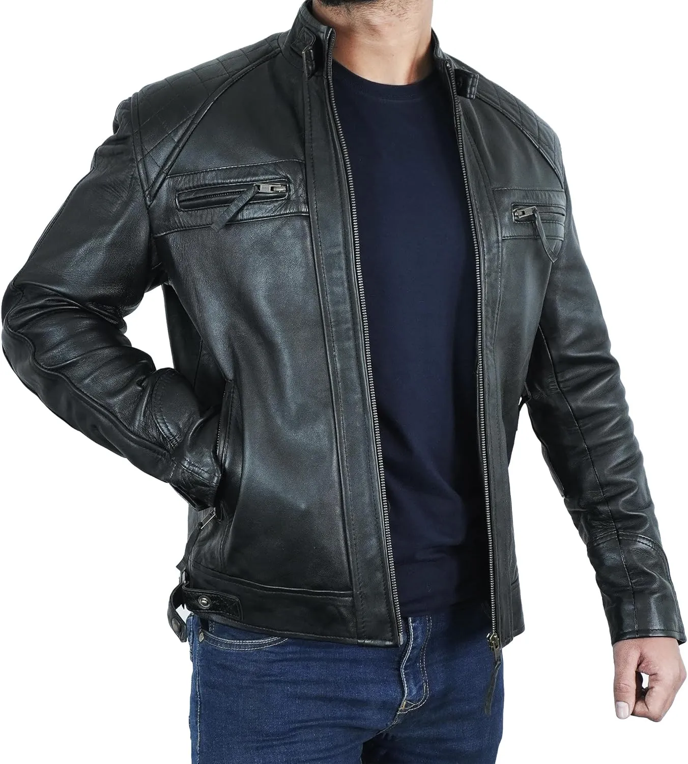 Quilted Biker Mens Leather Jacket - Real Lambskin Moto Style Cafe Racer Leather Jacket Men