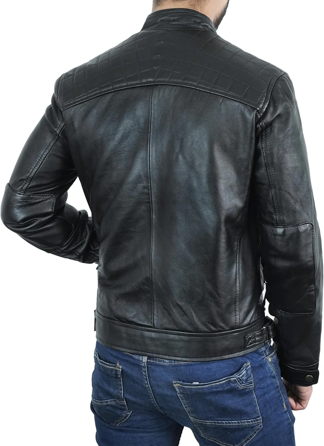 Quilted Biker Mens Leather Jacket - Real Lambskin Moto Style Cafe Racer Leather Jacket Men