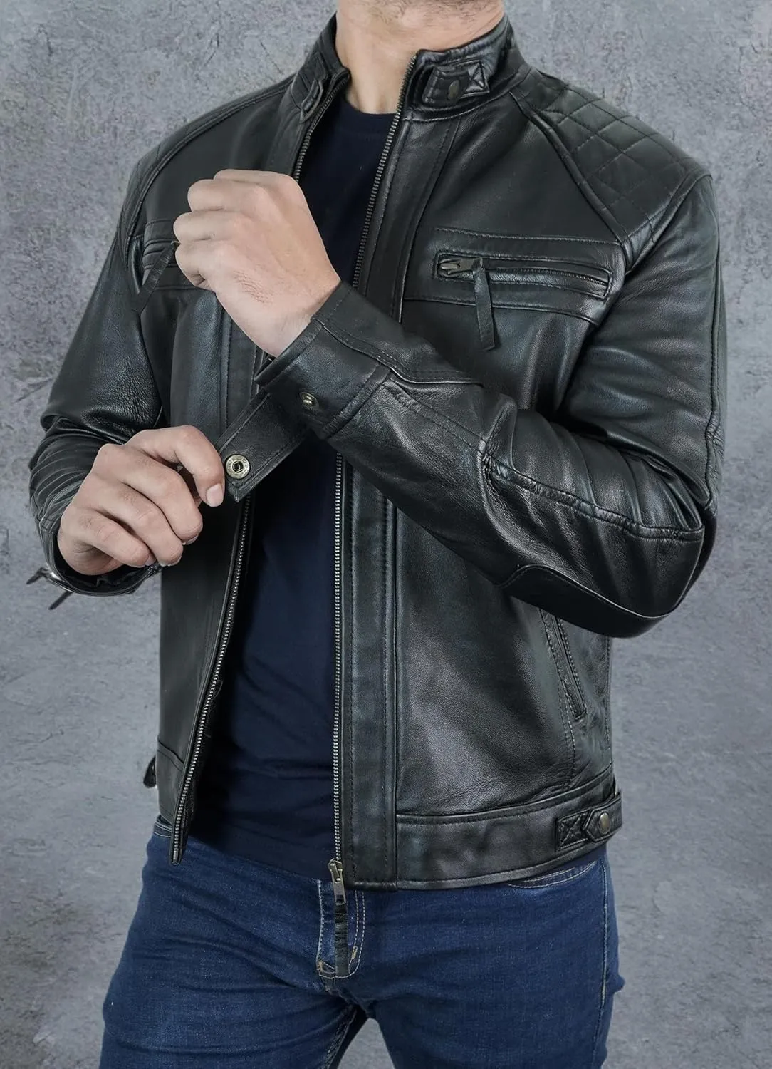 Quilted Biker Mens Leather Jacket - Real Lambskin Moto Style Cafe Racer Leather Jacket Men