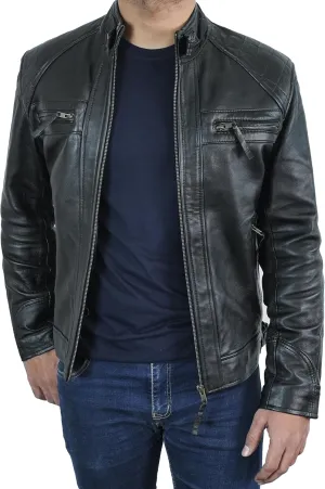 Quilted Biker Mens Leather Jacket - Real Lambskin Moto Style Cafe Racer Leather Jacket Men