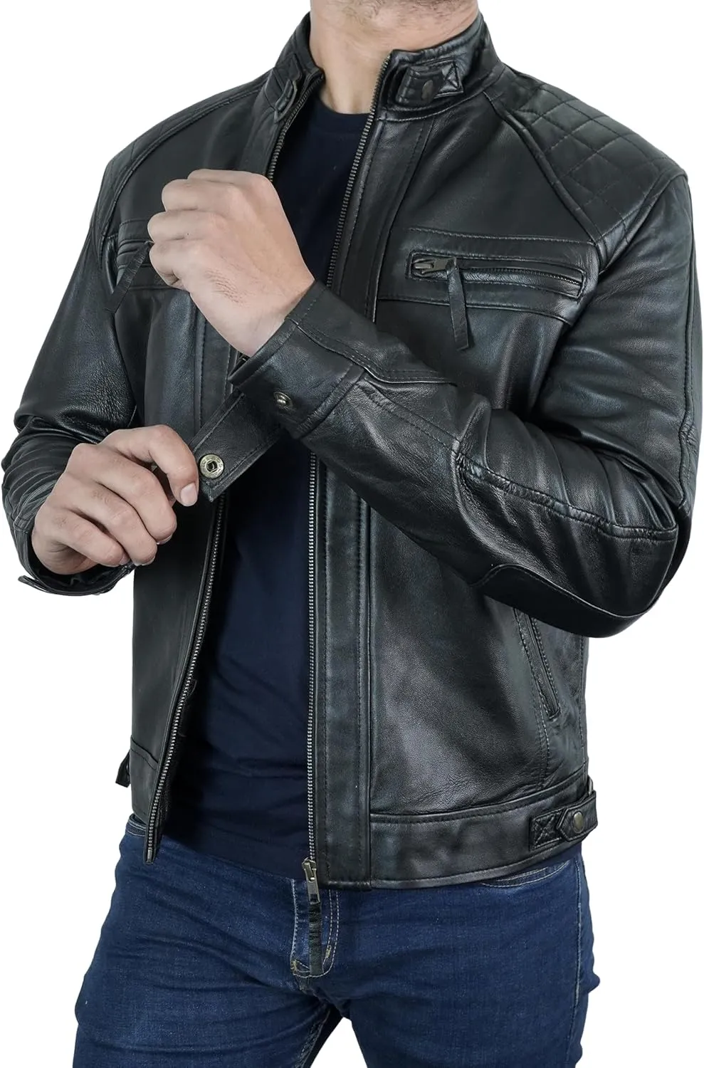 Quilted Biker Mens Leather Jacket - Real Lambskin Moto Style Cafe Racer Leather Jacket Men