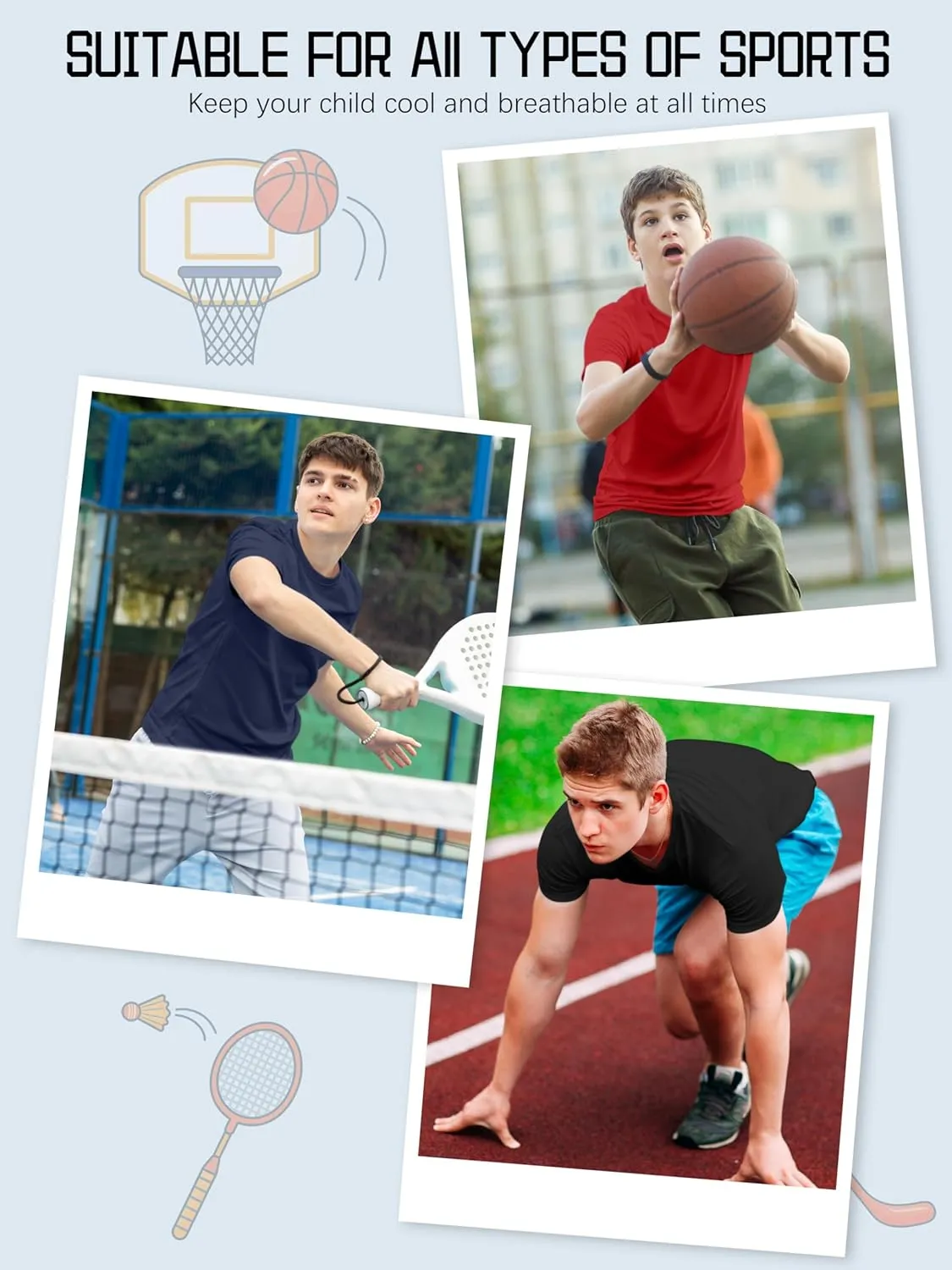 QWE 5 Pack Boys Shirts Youth Dry Fit Shirts Athletic Short Sleeve T-Shirt Boys' Activewear Tops for Youth Teens 5-18 Years