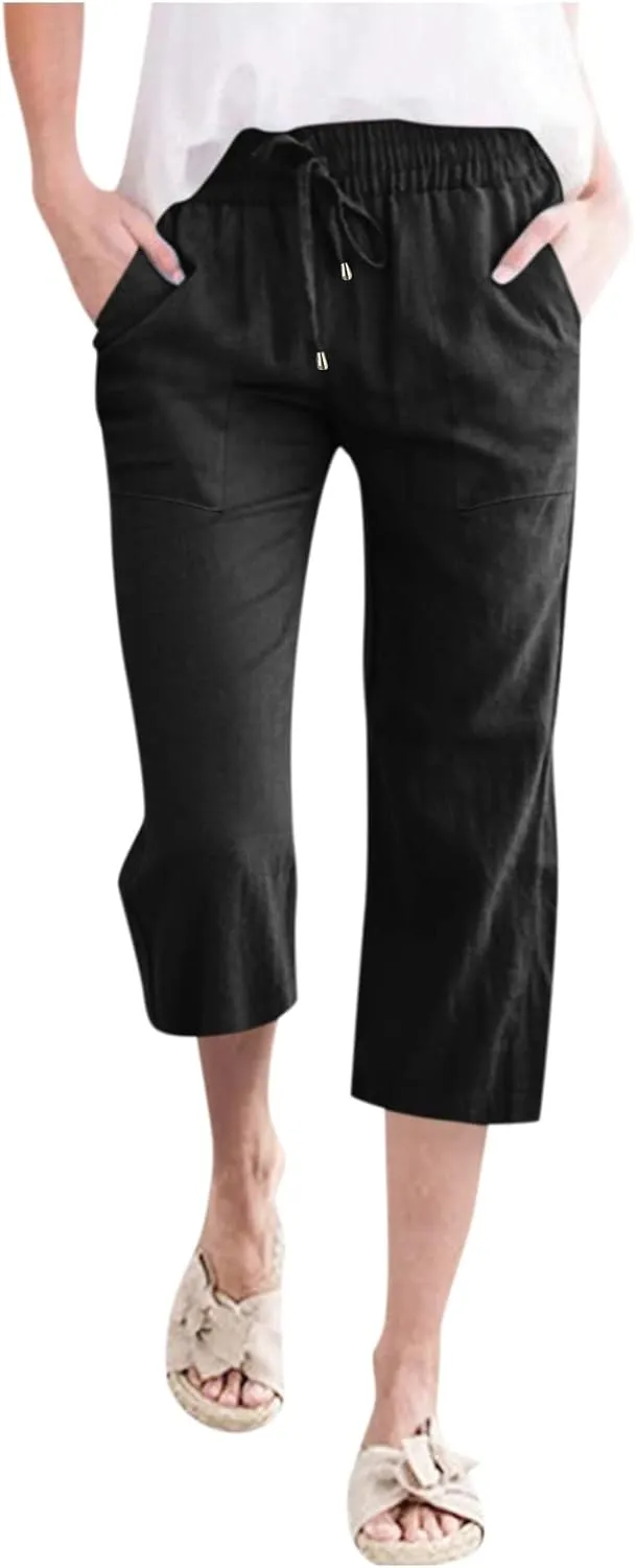 QWENTMTNTY Linen Capri Pants for Women Plus Size Wide Leg Casual Summer Elastic Waisted Drawstring Cropped Trousers Pockets