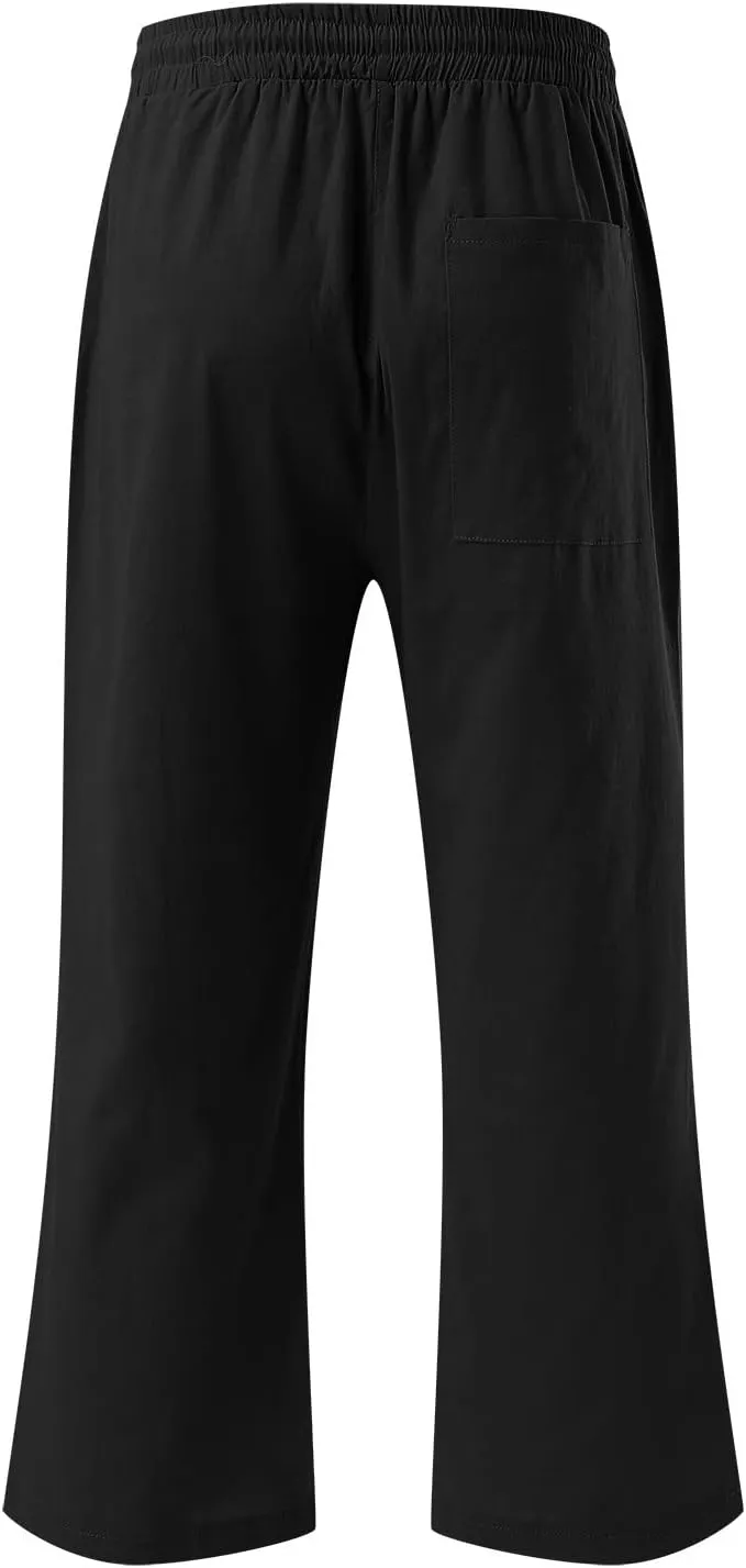 QWENTMTNTY Linen Capri Pants for Women Plus Size Wide Leg Casual Summer Elastic Waisted Drawstring Cropped Trousers Pockets