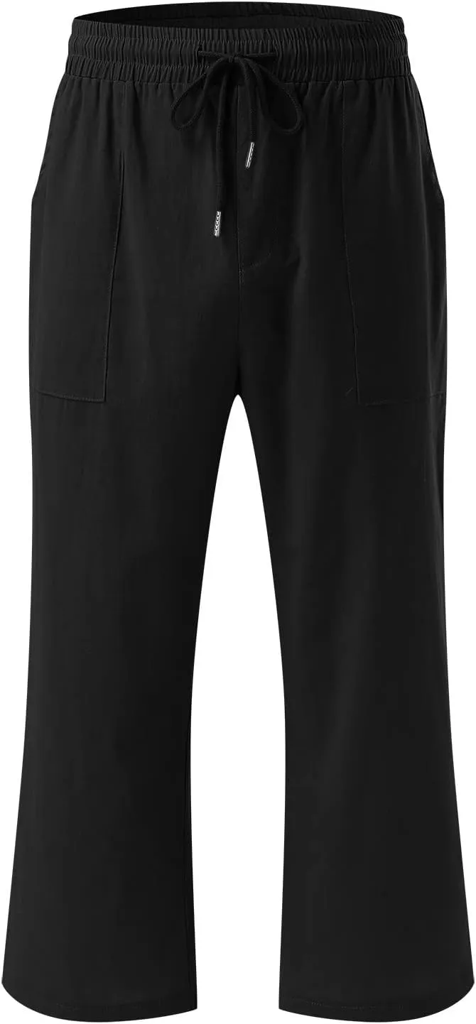 QWENTMTNTY Linen Capri Pants for Women Plus Size Wide Leg Casual Summer Elastic Waisted Drawstring Cropped Trousers Pockets