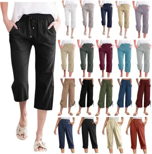QWENTMTNTY Linen Capri Pants for Women Plus Size Wide Leg Casual Summer Elastic Waisted Drawstring Cropped Trousers Pockets