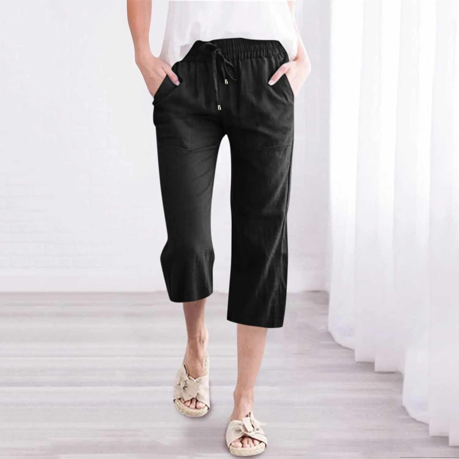 QWENTMTNTY Linen Capri Pants for Women Plus Size Wide Leg Casual Summer Elastic Waisted Drawstring Cropped Trousers Pockets