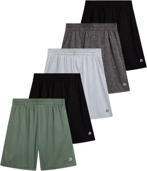 RBX Boys' Active Shorts - 5 Pack Sports Performance Mesh Gym Shorts with Elastic Waistband and Heat Seal Logo (Sizes: 8-16)