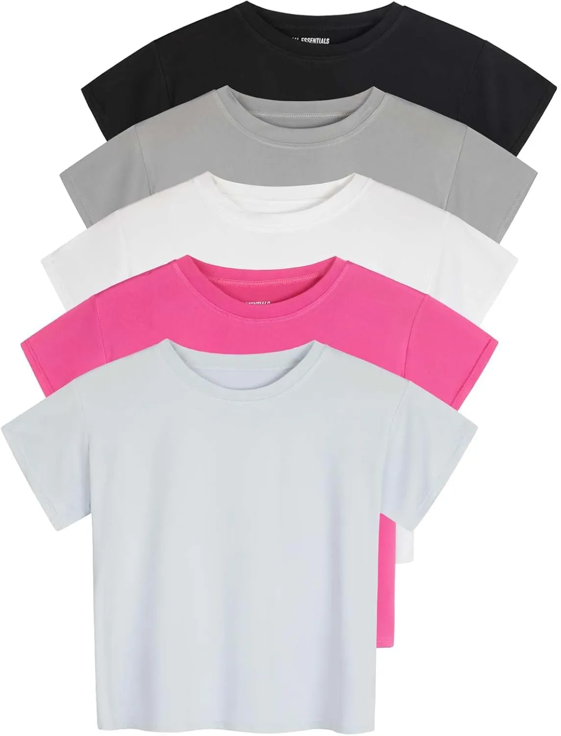 Real Essentials 5 Pack: Women's Dry Fit Crop Top - Short Sleeve Crew Neck Stretch Athletic Tee (Available in Plus Size)