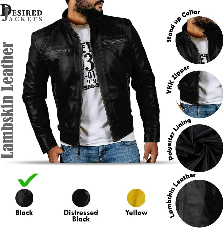 Real Lambskin Leather Biker Jacket - Quilted Cafe Racer Zip Up Moto Jackets Men Moto Jacket Men for Bikers